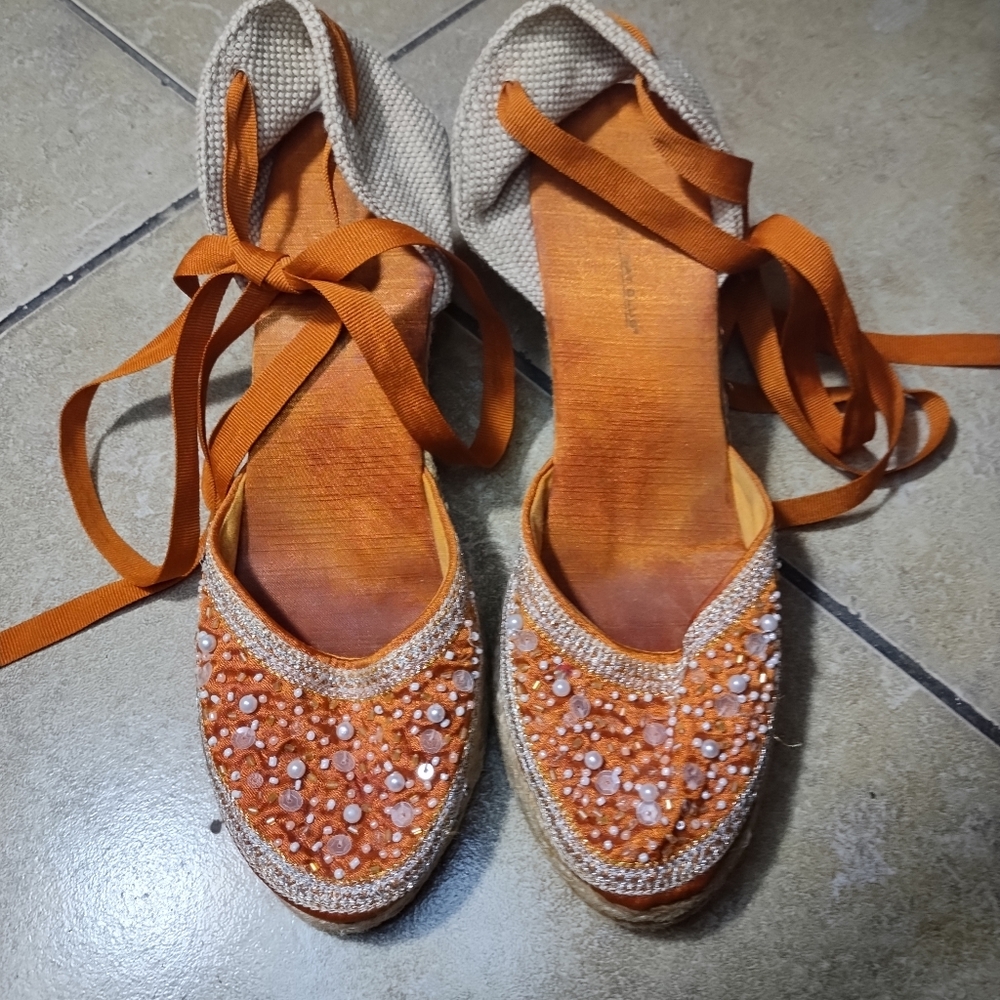 Montego Bay Club Leg Strap Beaded & Embroidered Pearl Wedges Espadrilles Size 8 - Picture 3 of 8